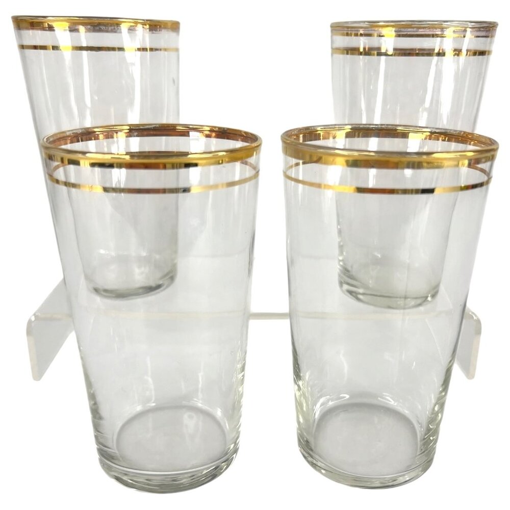 Set Of 4 Vintage Gold Rimmed Clear Glass Tumblers 8 Ounce Barware Drinking Glass